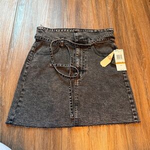 Gianni Bini Washed Black Denim A-Line Skirt with Tie Belt